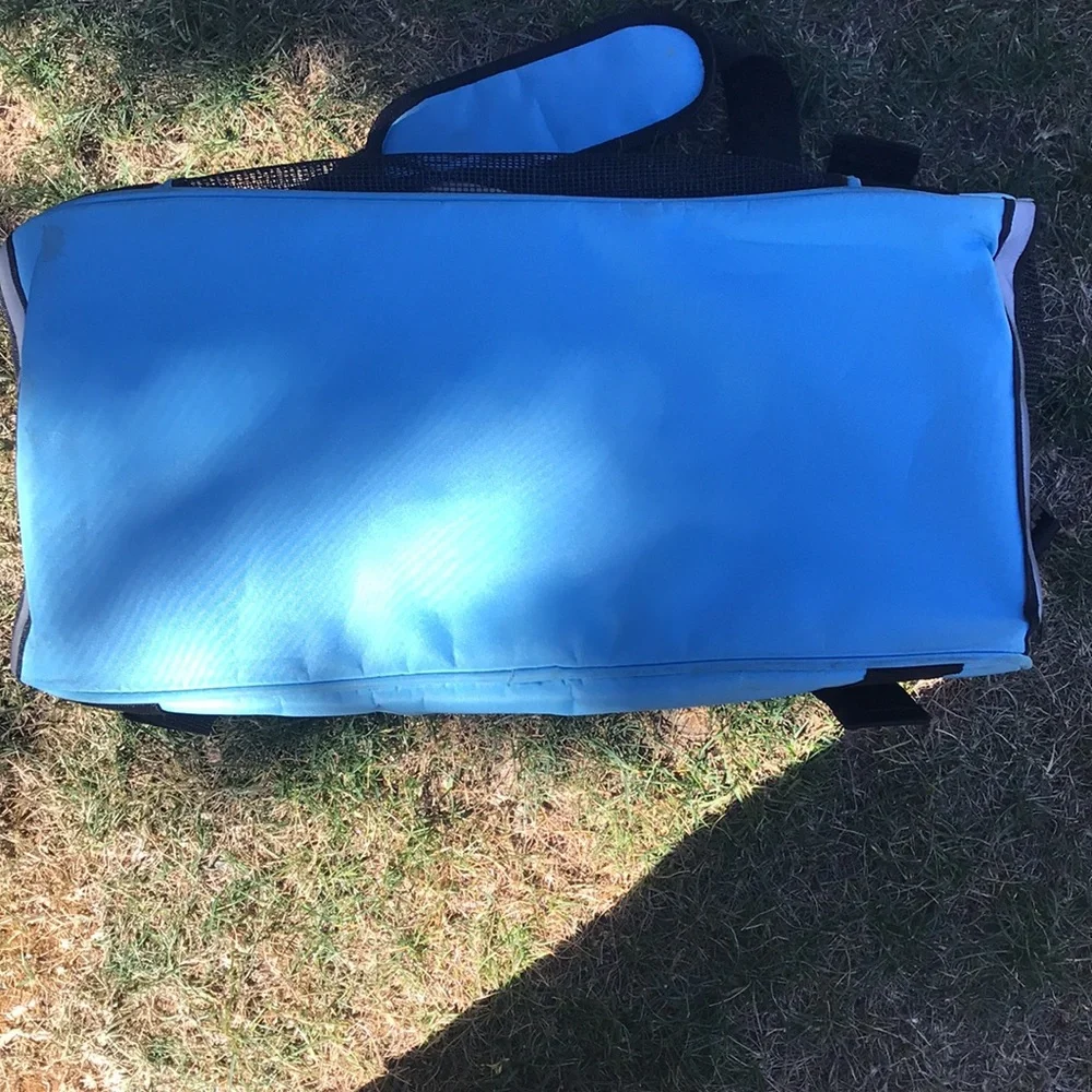 - Pet Carrier with shoulder strap light blue and black well vented used 1x
